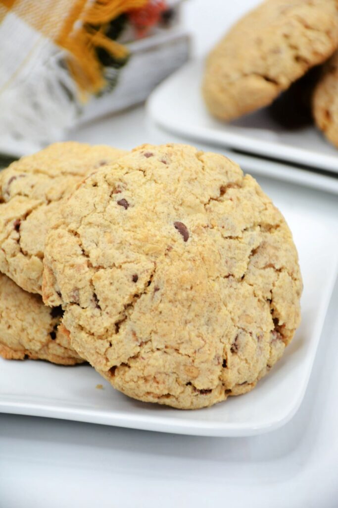 3 Chocolate Chip Crumble Cookies on a plate.