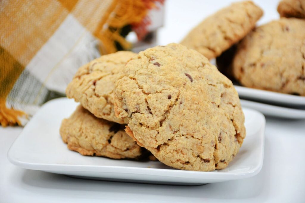 3 Chocolate Chip Crumble Cookies on a plate.