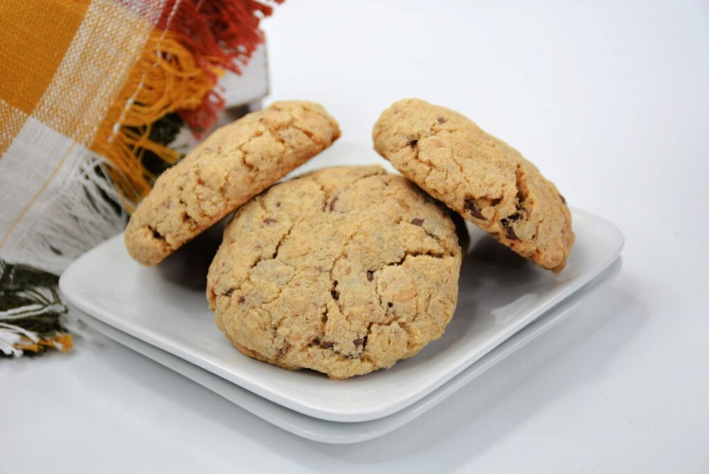 3 Chocolate Chip Crumble Cookies on a plate.