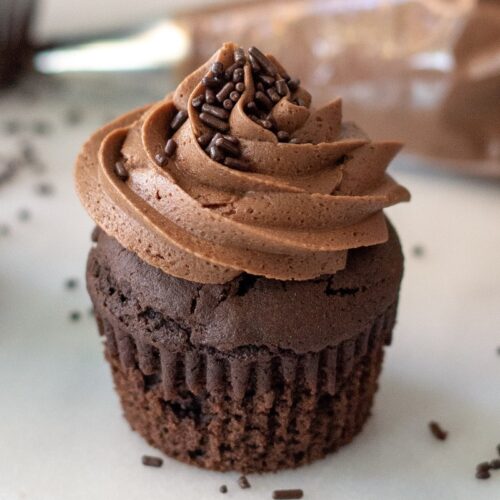 A close up of a double chocolate cupcake.