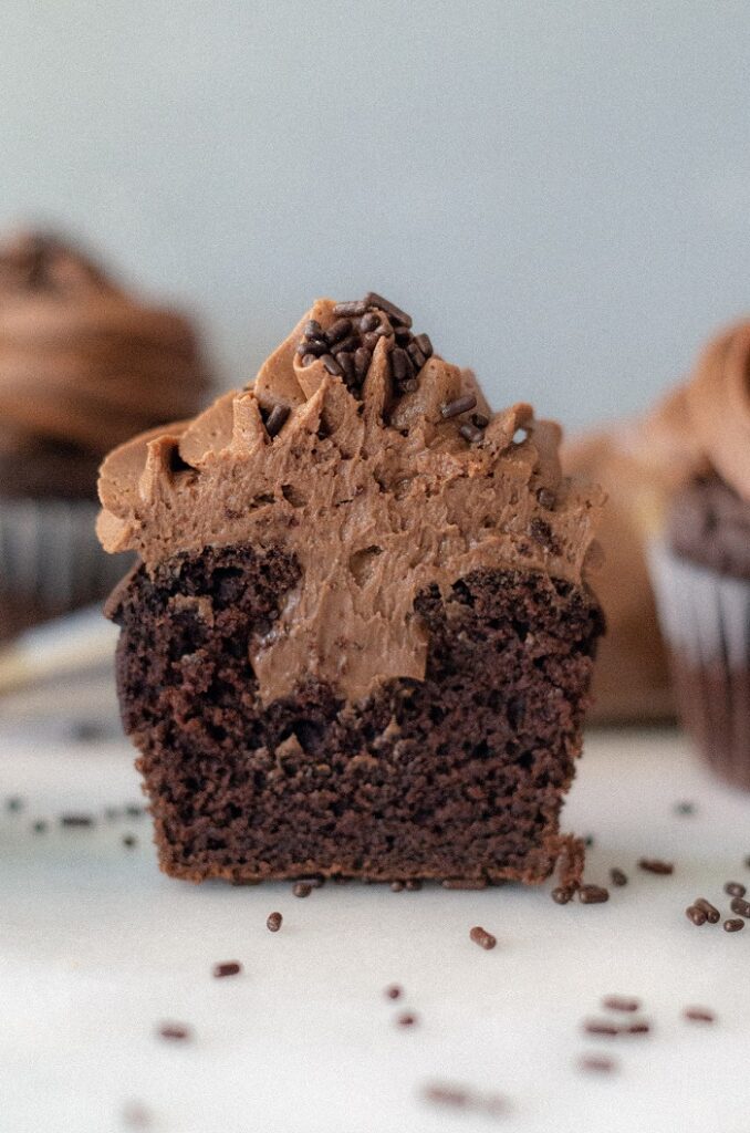 Death By Chocolate Cupcake cut in half. 