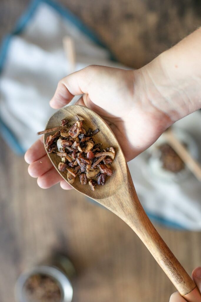 Grain-Free Granola on a spoon close up.