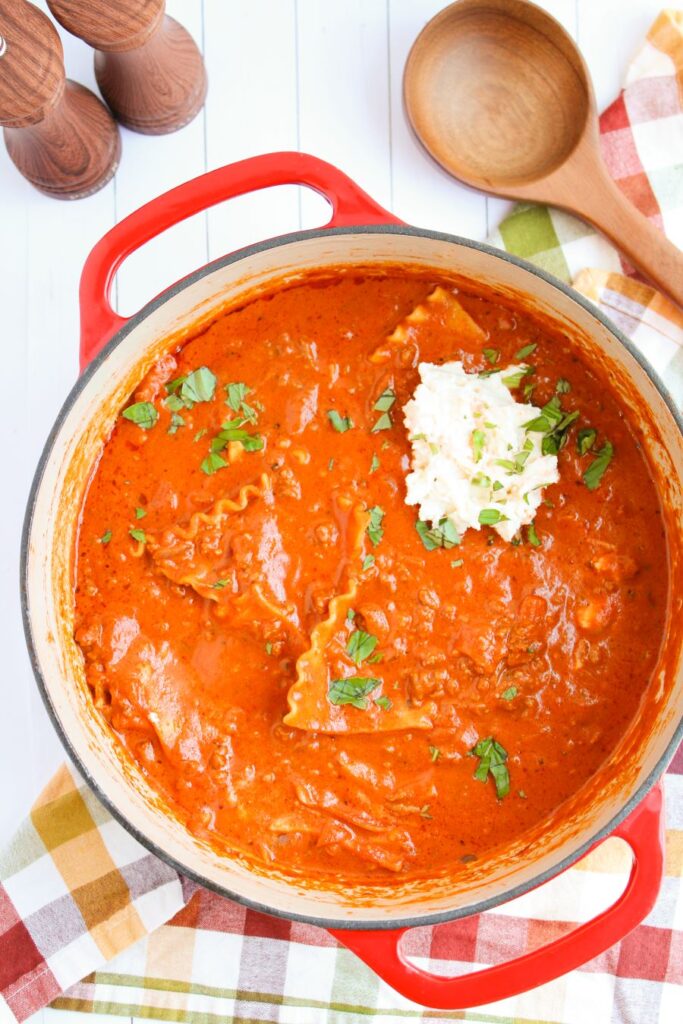 A large pot of Lasagna Soup.