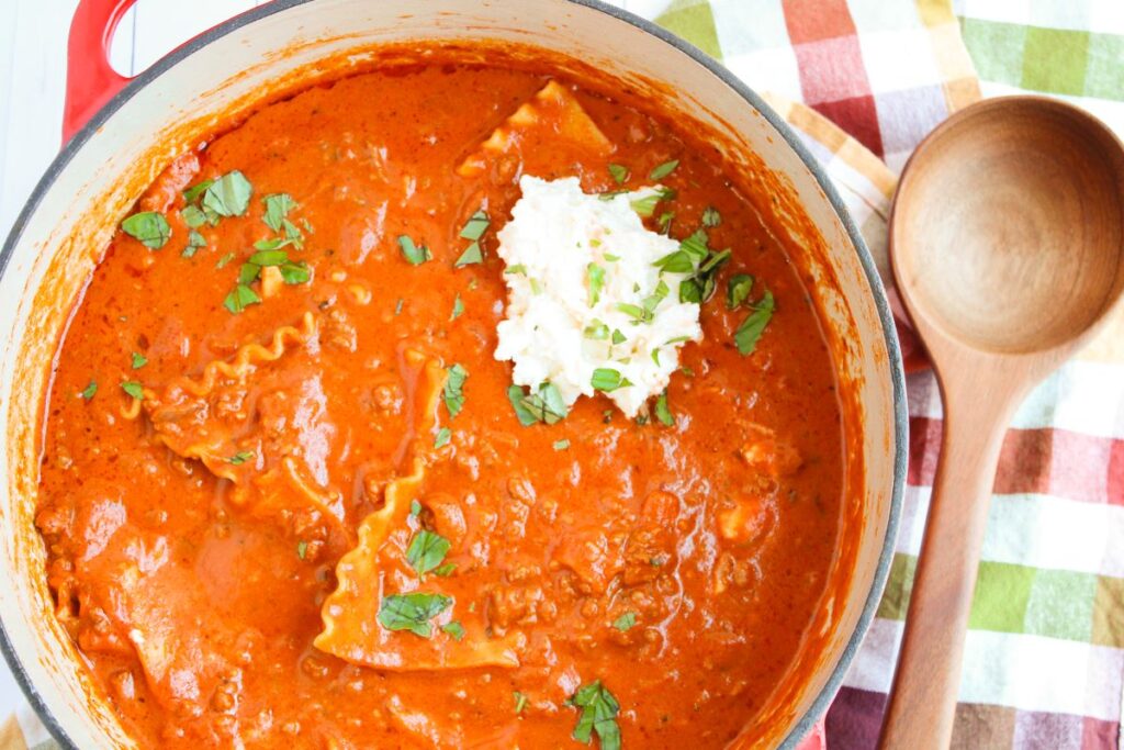 A large pot of Lasagna Soup.