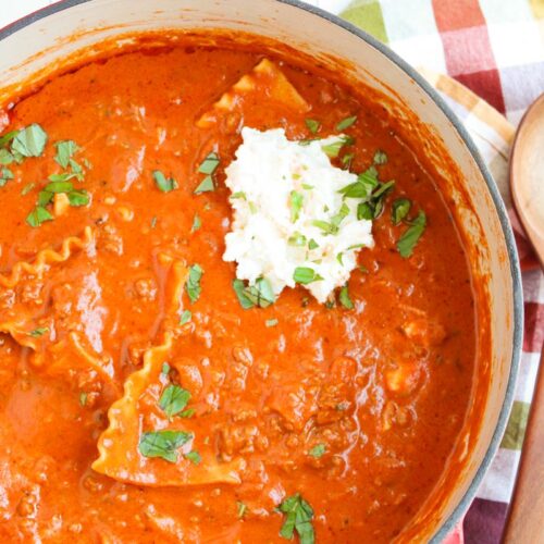 A large pot of Lasagna Soup.