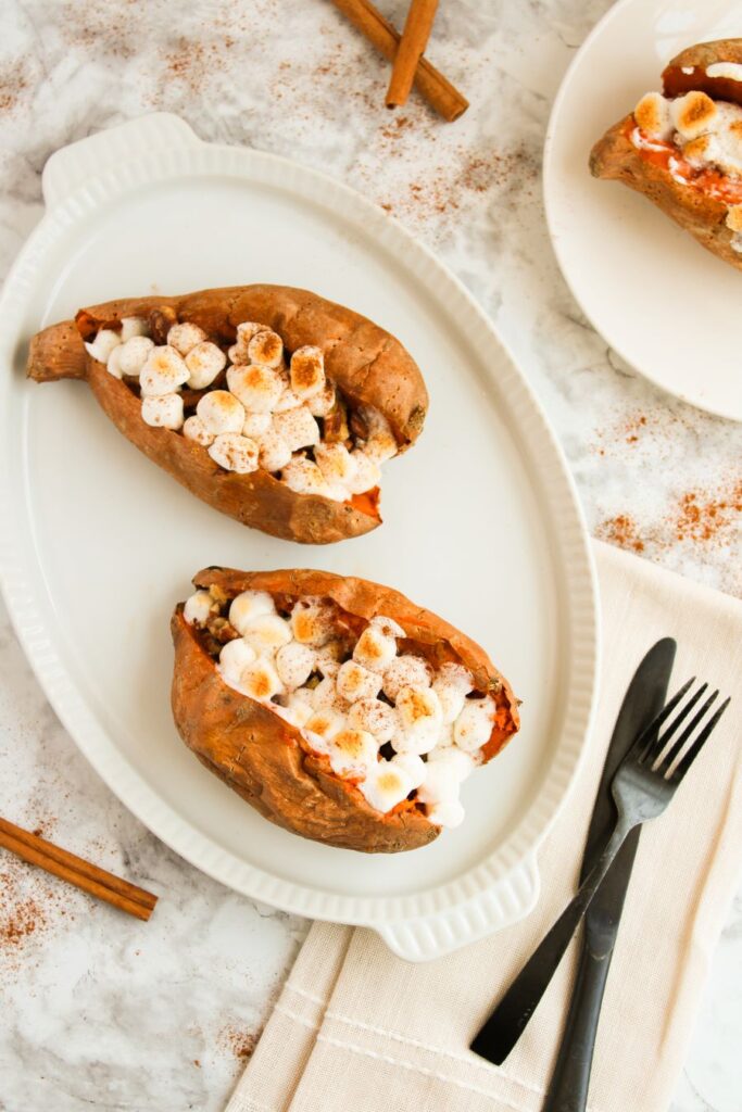 Stuffed Sweet Potatoes on a white plate.