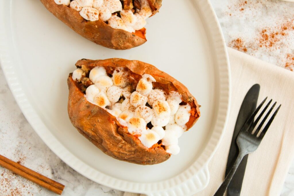 Stuffed Sweet Potatoes on a white plate.