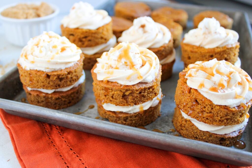 Mini Pumpkin Cakes on a baking sheet.