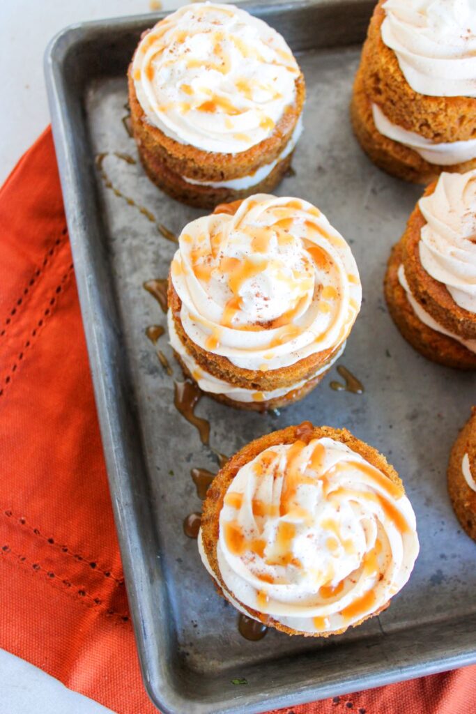 Mini Pumpkin Cakes on a baking sheet.