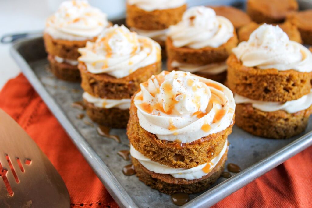 Mini Pumpkin Cakes on a baking sheet.