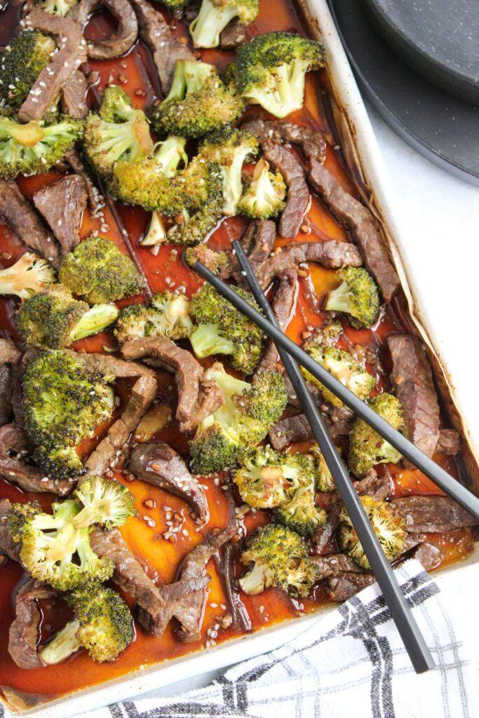 Sheet Pan Broccoli and Beef on a baking dish.