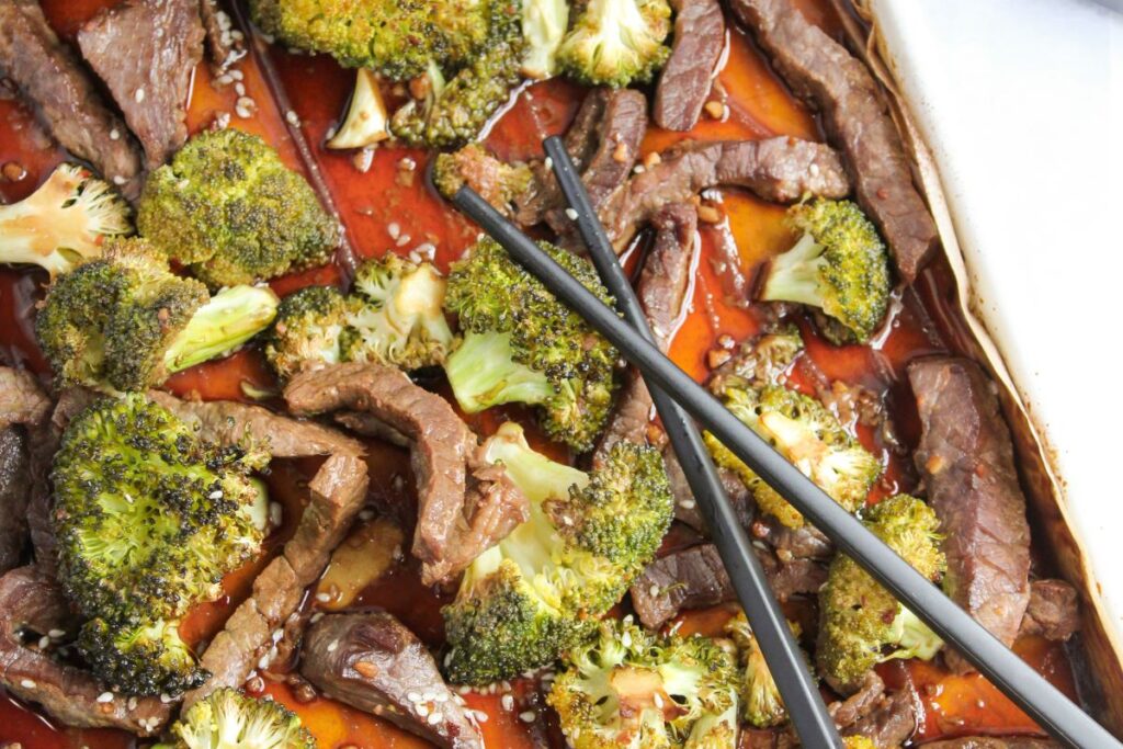 Sheet Pan Broccoli and Beef on a baking dish