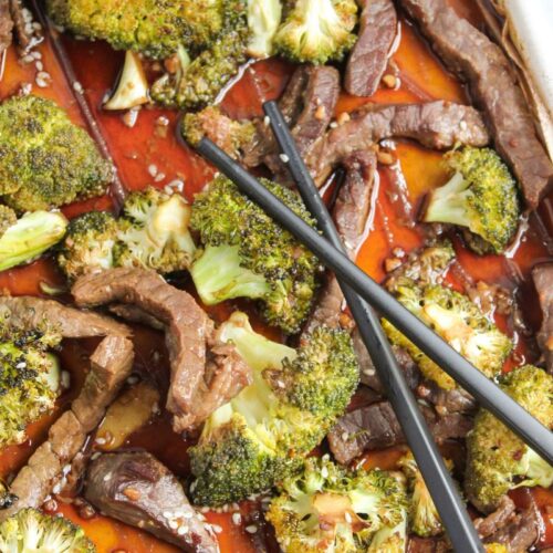 Sheet Pan Broccoli and Beef on a baking dish