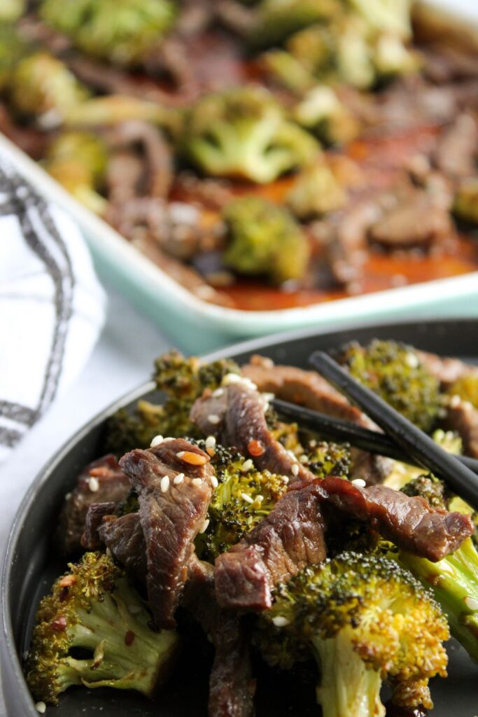 Sheet Pan Broccoli and Beef in a bowl.