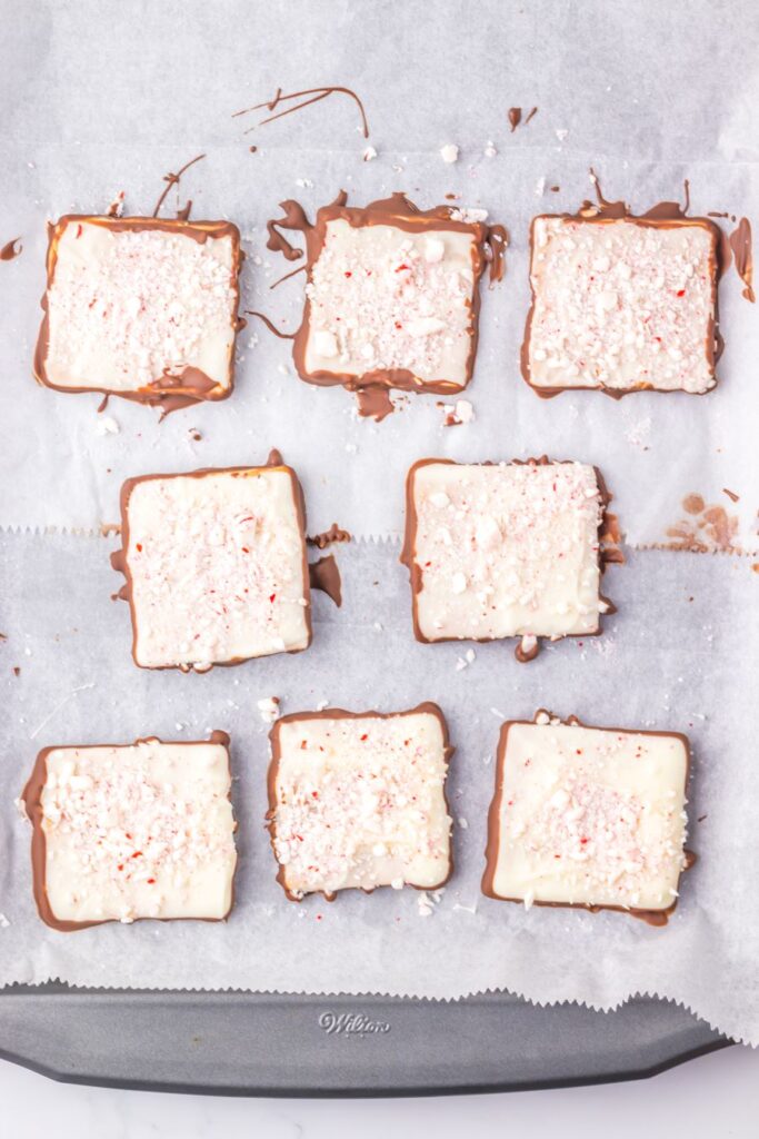 Peppermint Bark Graham Crackers on a baking sheet.