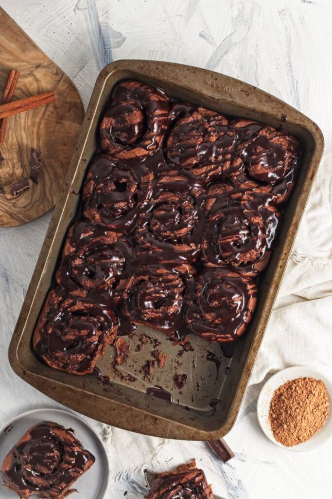 Chocolate Cinnamon Rolls in a baking dish.