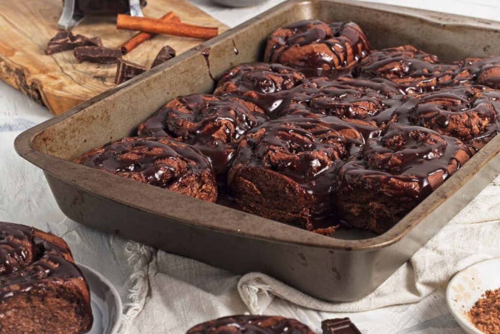 Chocolate Cinnamon Rolls in a baking dish.