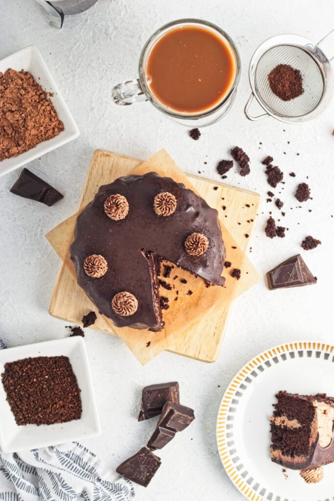 Mini Mocha Chocolate Cake with a slice cut out.