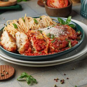 A plate of chicken parmesan with spaghetti, topped with tomato sauce and grated cheese. Fresh herbs and tomatoes garnish the dish. A fork and knife are placed beside the plate on a gray tabletop.