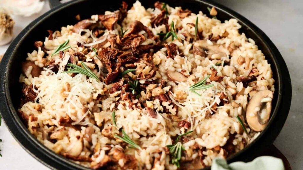 A bowl of mushroom risotto.