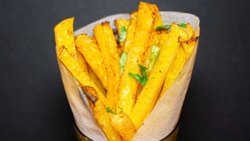 Roasted sweet potato fries in a paper cup.