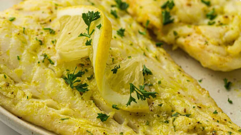Grilled lemon herb fish fillets garnished with lemon slices and fresh parsley on a white plate.