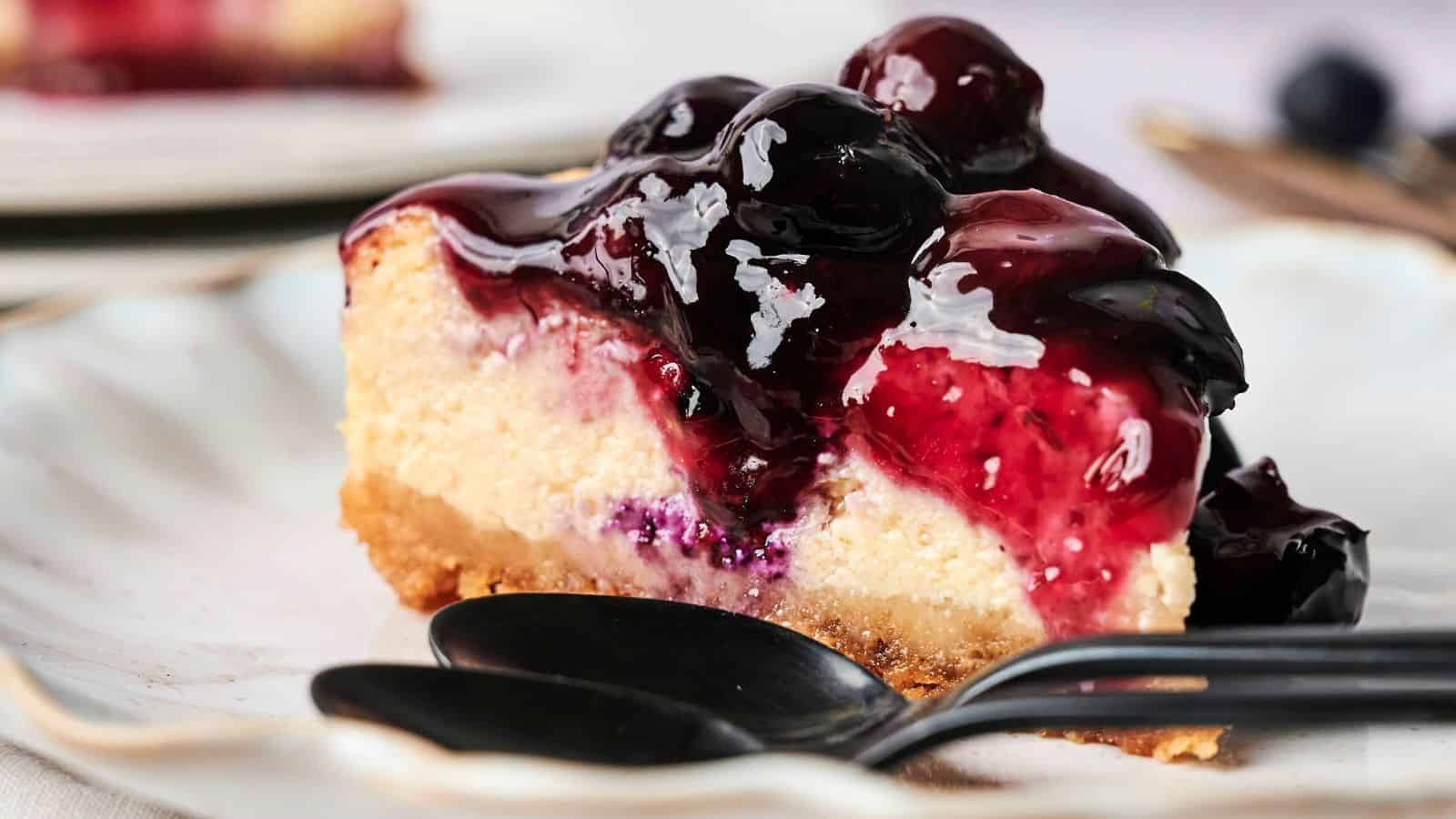 A slice of cheesecake topped with glossy blueberry sauce on a white plate, with two black spoons beside it.