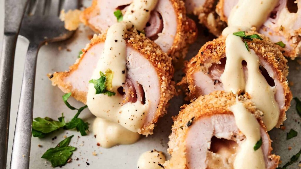Sliced breaded chicken roulade with creamy sauce, garnished with chopped parsley, served on a plate with a fork and knife.