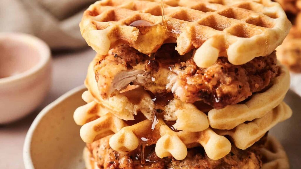 A stack of waffles and fried chicken pieces with syrup being poured on top, served on a beige plate.