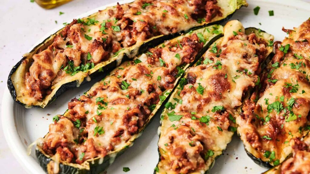 Four zucchini boats stuffed with a ground meat and tomato mixture, topped with melted cheese and chopped parsley, served on a white plate.