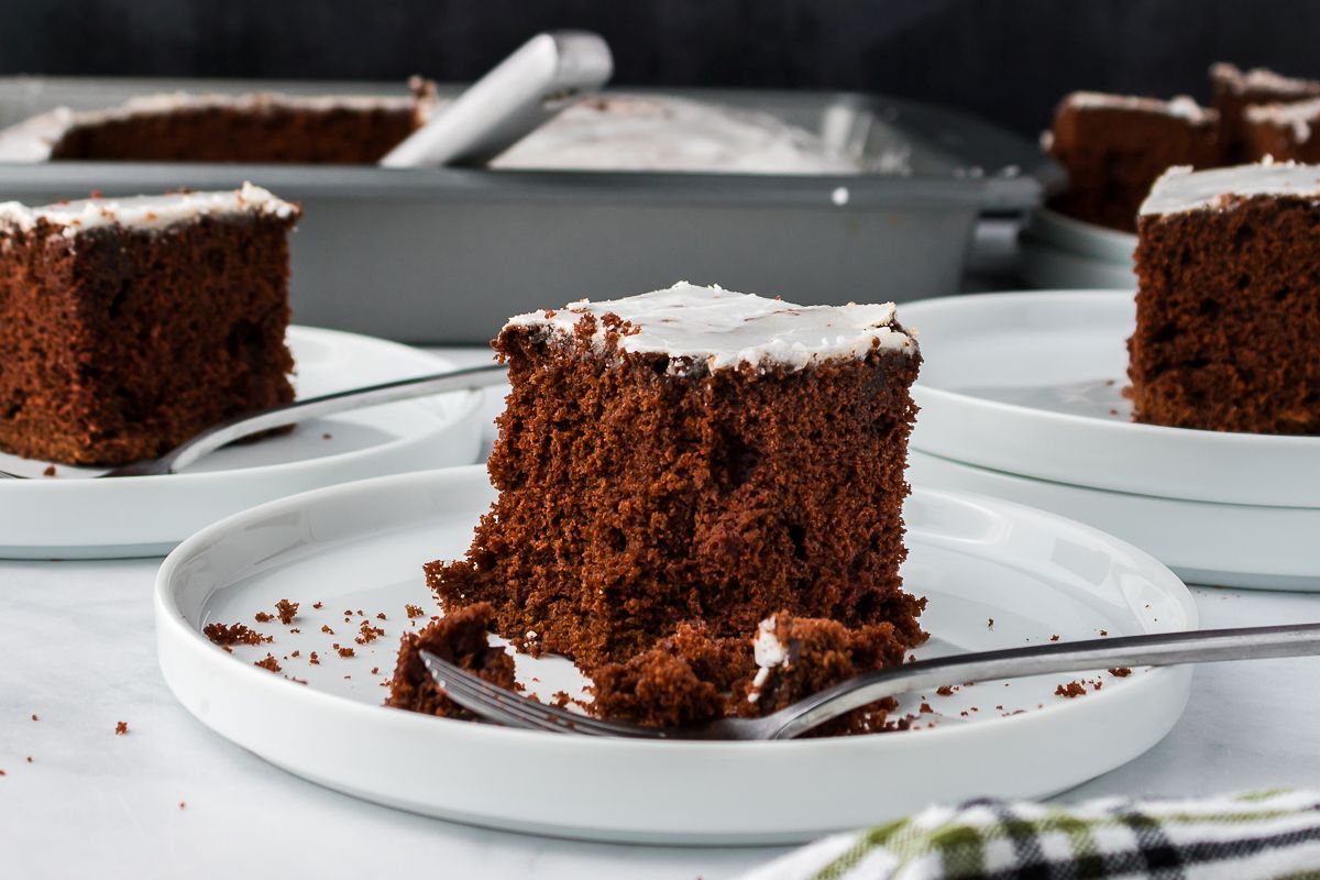 A slice of chocolate cake with white icing sits on a white plate with a fork; more slices and a cake pan are visible in the background.