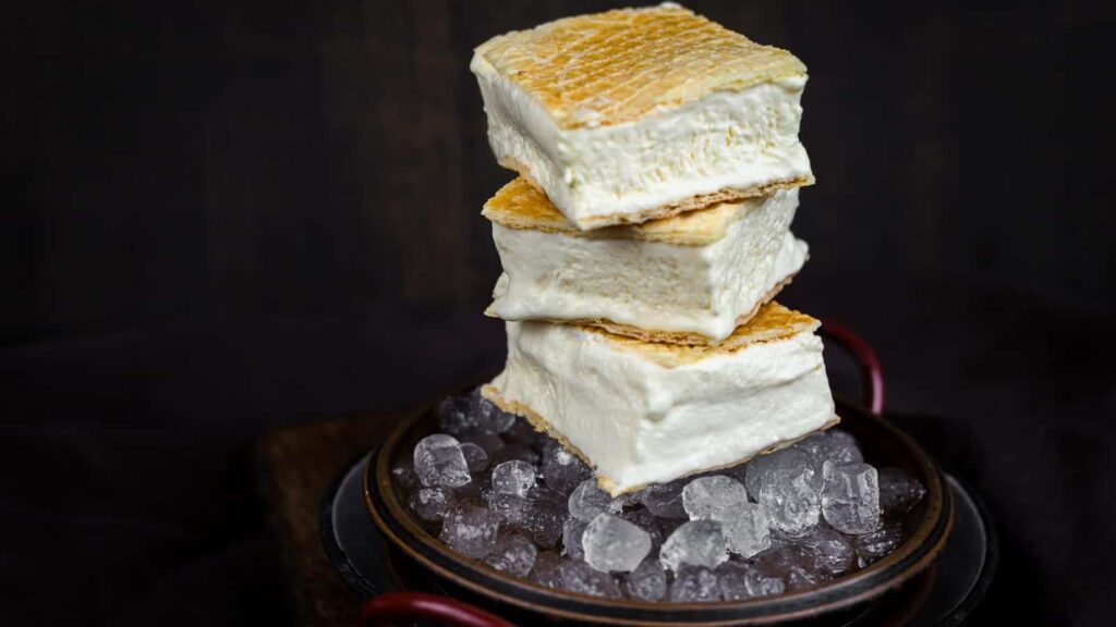 Ice Cream Sandwich layered on top of each other on ice.