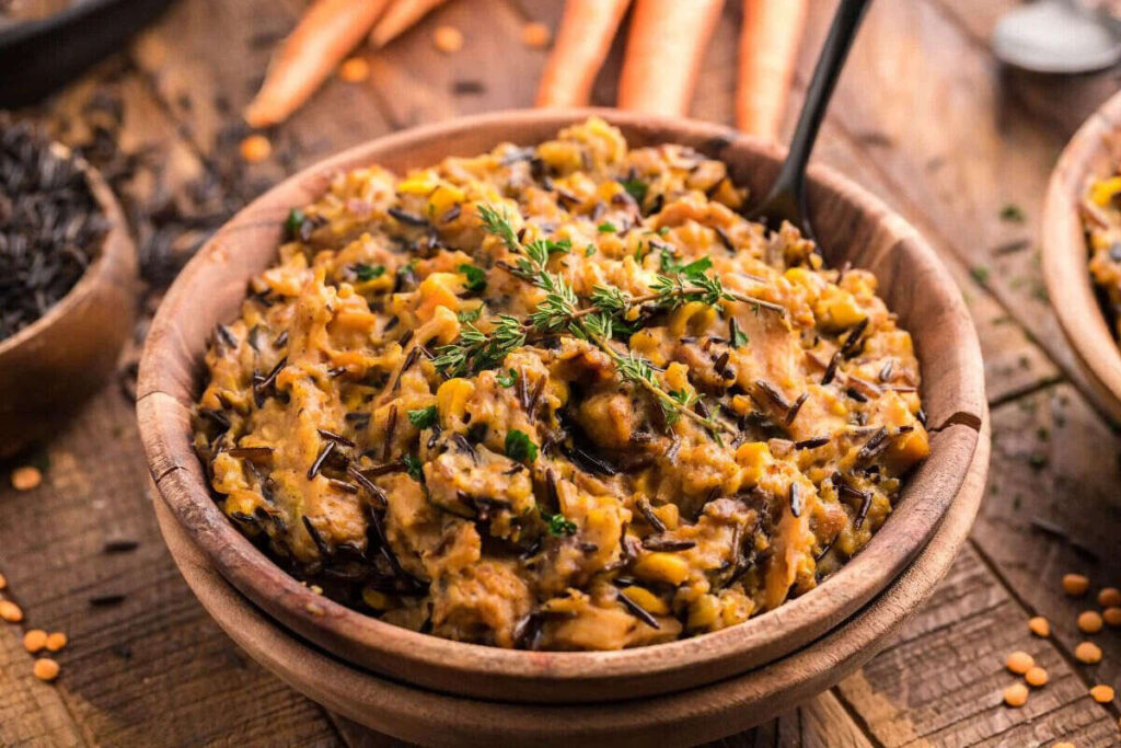 Instant Pot wild rice and veggie stew with fresh herbs, ready to serve.