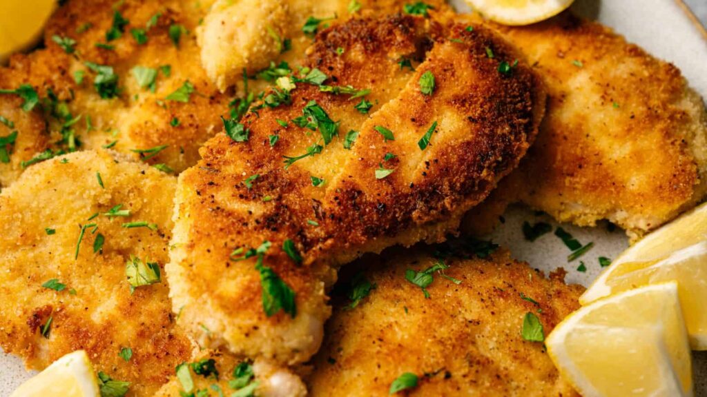 Breaded and pan-fried chicken cutlets garnished with chopped parsley, served with lemon wedges on the side.