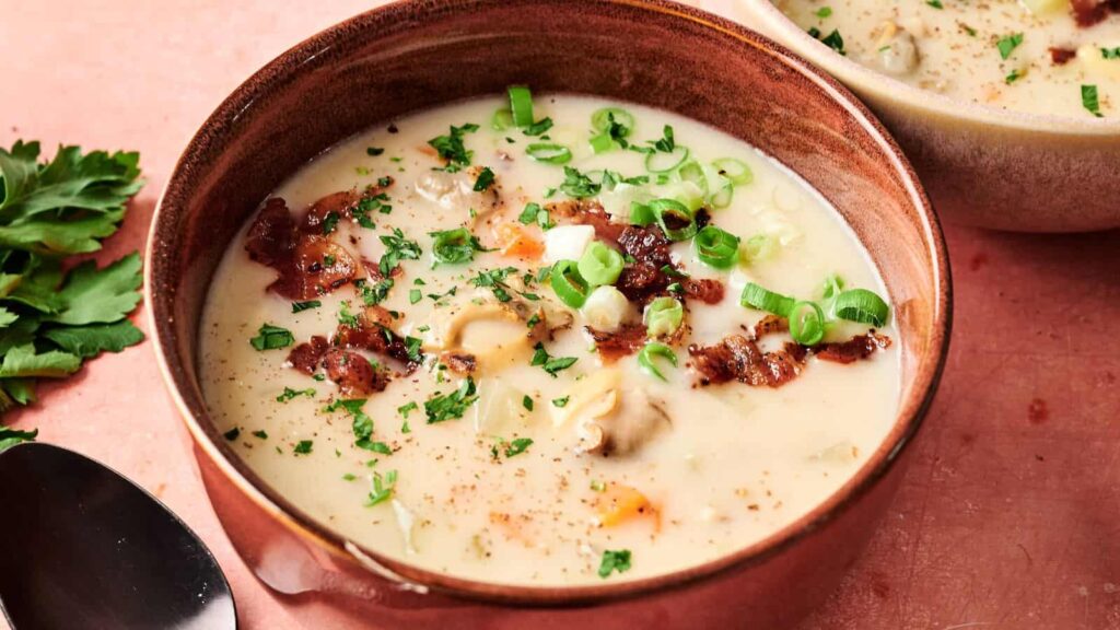 A bowl of creamy soup with clams, bacon, chopped green onions, and parsley, placed on a pink surface next to a spoon and some fresh herbs.