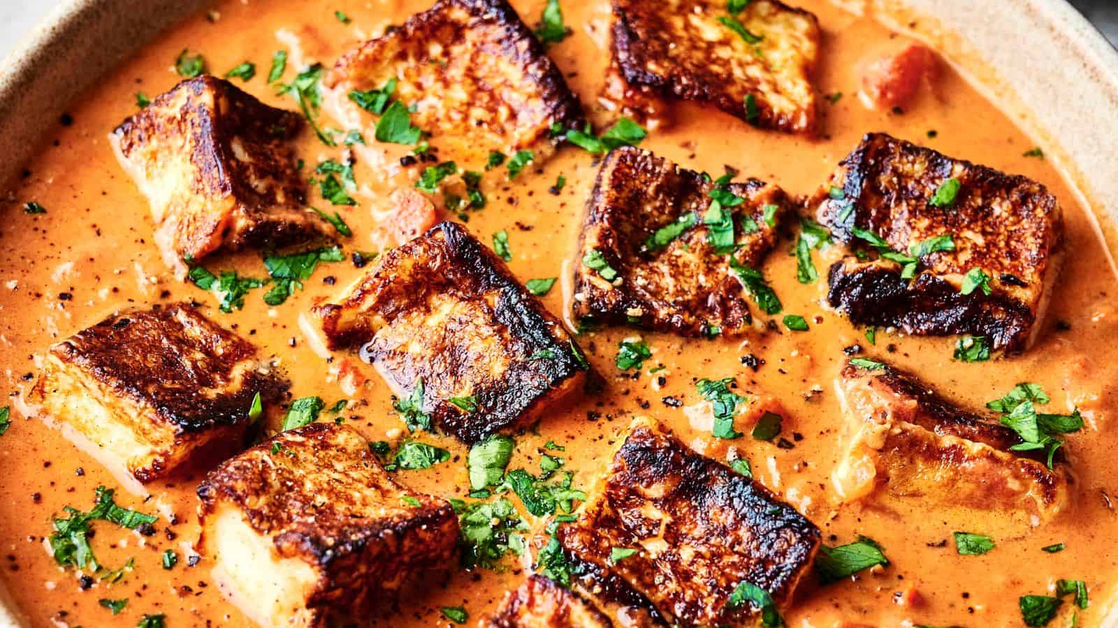 A dish of grilled paneer cubes in a rich, orange curry sauce, garnished with chopped cilantro, served in a shallow bowl.