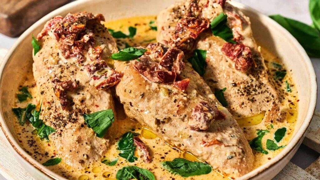 Three chicken breasts in a creamy sauce with sun-dried tomatoes and fresh spinach, garnished with cracked black pepper and herbs.