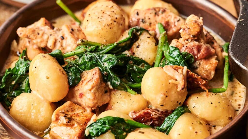 A bowl of gnocchi with pieces of chicken, spinach, and sun-dried tomatoes in a creamy sauce, garnished with black pepper.
