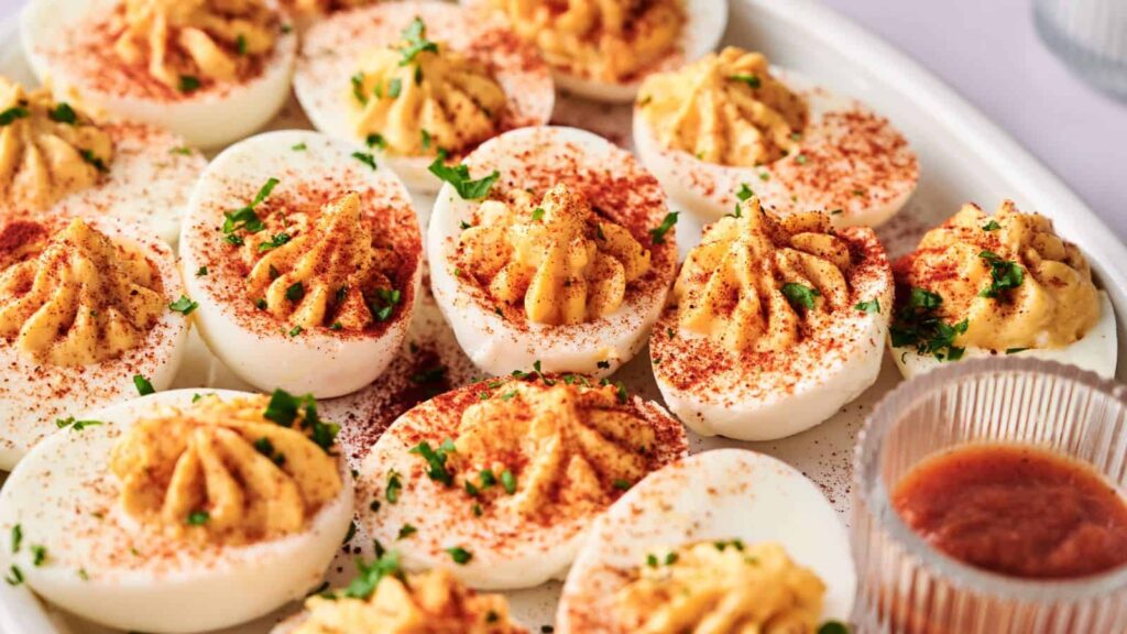 A plate of deviled eggs garnished with paprika and chopped herbs, next to a small container of sauce.