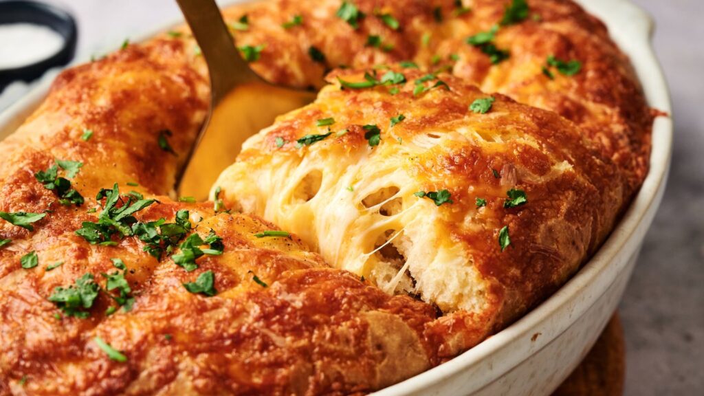A golden-brown baked dish with melted cheese and chopped herbs, being served with a spoon from an oval white casserole dish.