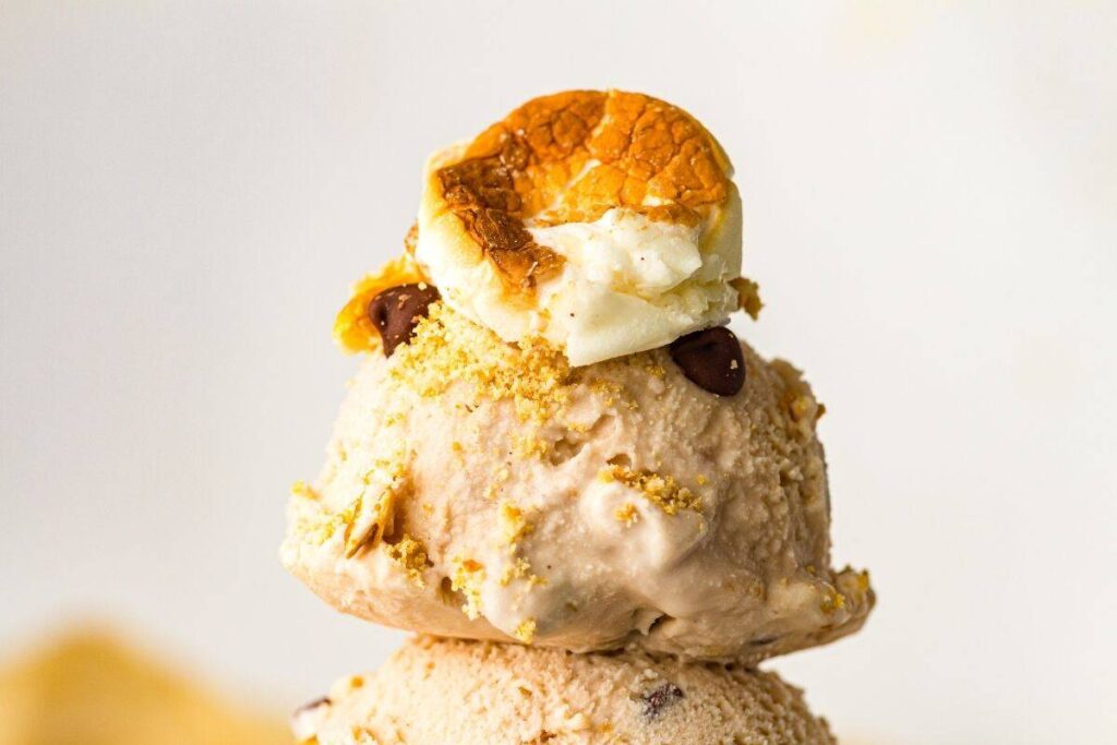 A scoop of ice cream topped with a toasted marshmallow, chocolate chips, and graham cracker crumbs.