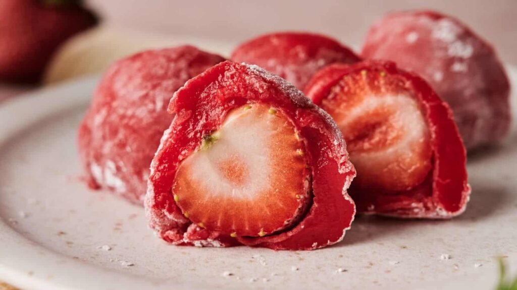 A close-up of strawberry mochi, with one piece cut open to reveal a whole strawberry inside, displayed on a white plate.