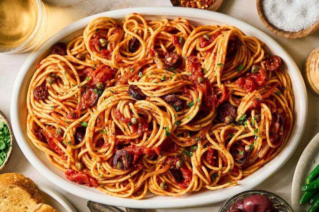Spaghetti Puttanesca with tomato sauce, olives, and herbs is served with a variety of small side dishes.