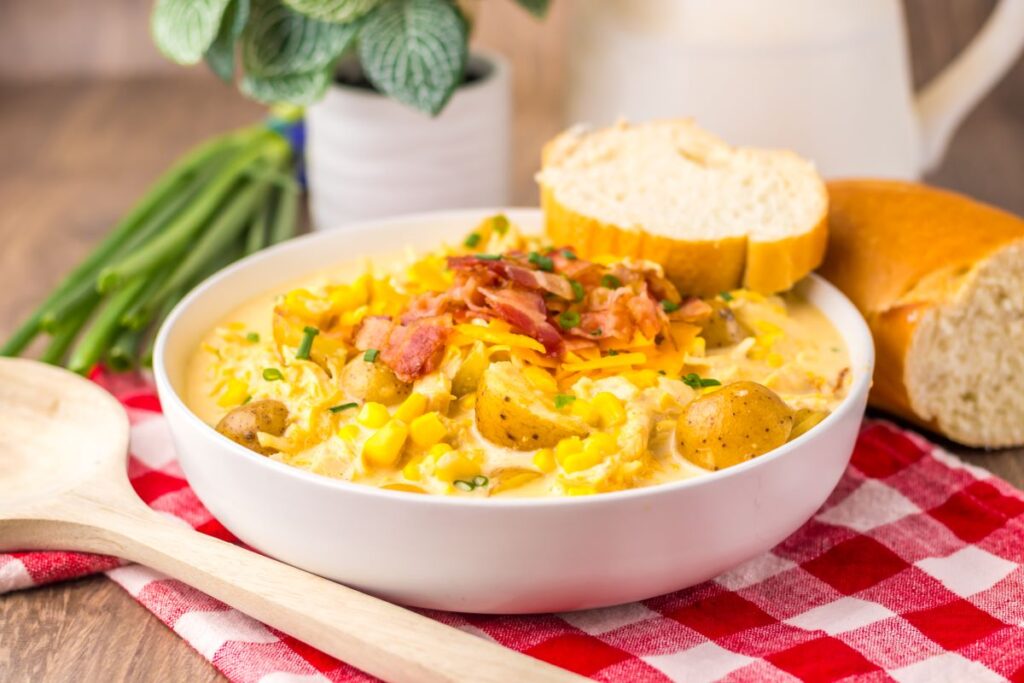 A bowl of creamy potato corn chowder topped with bacon and cheese, next to a wooden spoon, bread slices, and a green plant on a red checkered cloth.