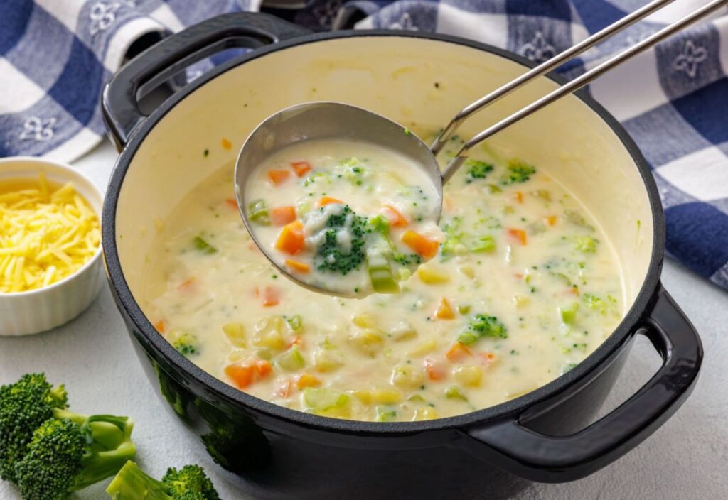 Ladling vegetable chowder with broccoli and carrots from a pot.