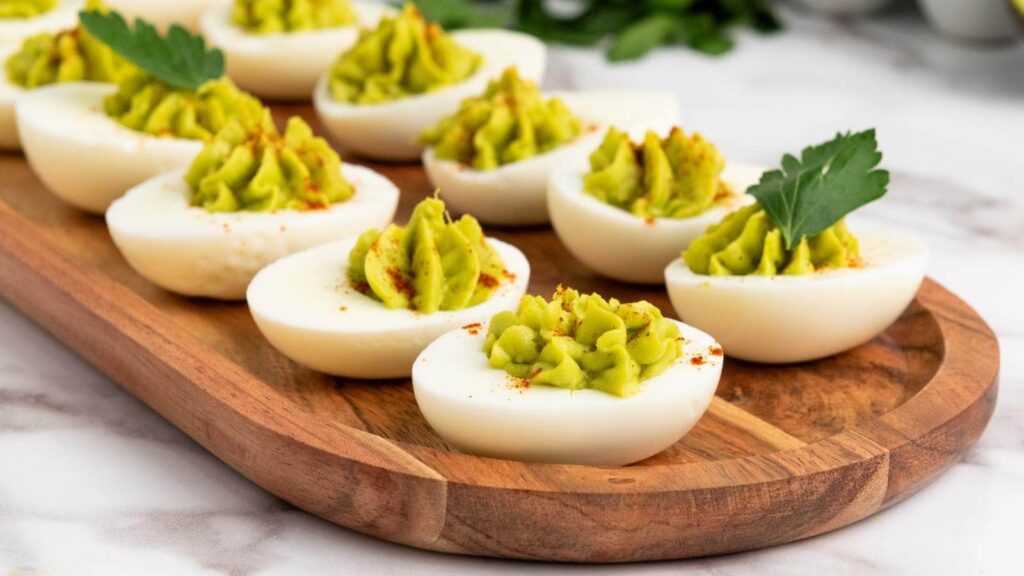 A batch of avocado deviled eggs on a wooden plate.