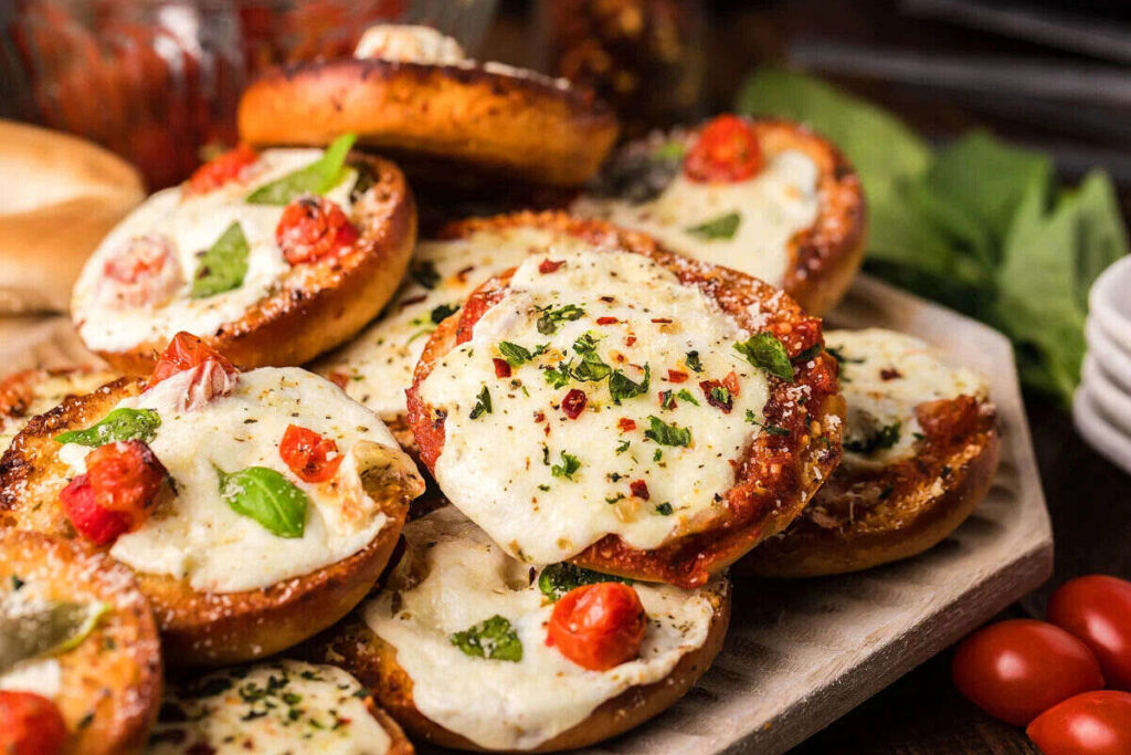 Close up of mini bagel bites.