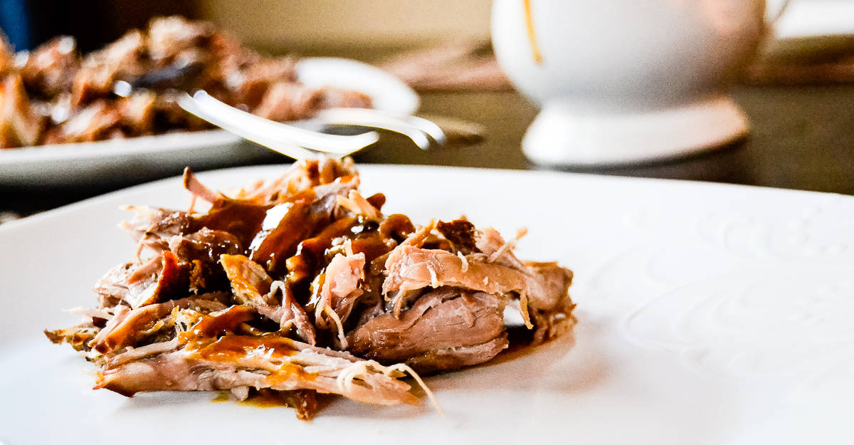 A white plate with saucy shredded meat, herb garnish, and a fork on top.