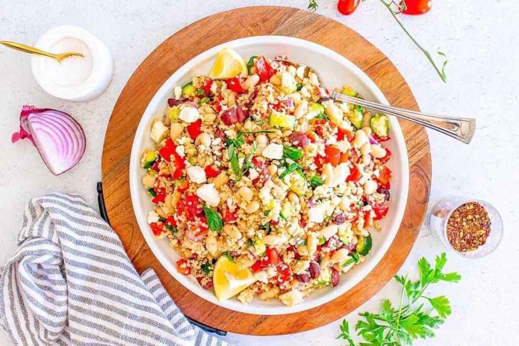 A bowl full of quinoa salad.
