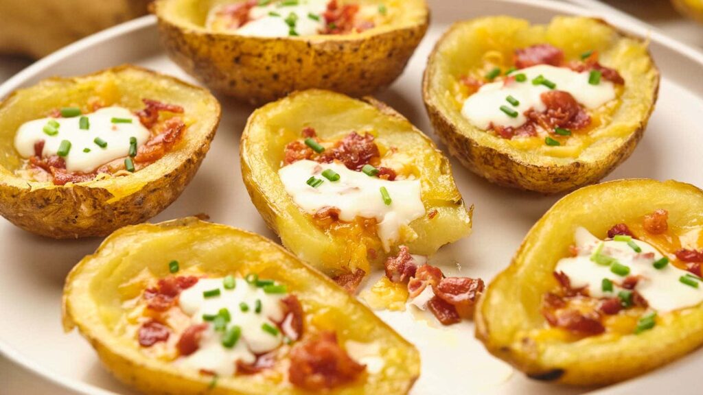 Pieces of potato skins topped with cheese and bacon bits on a white plate.